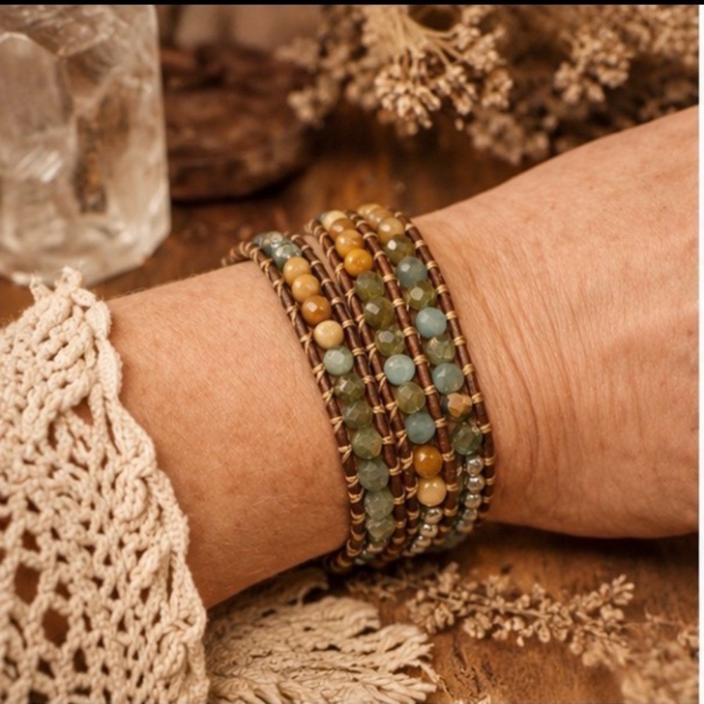 Artisan Boho Leather Wrap Bracelet Natural Stone Glass Beads Layered